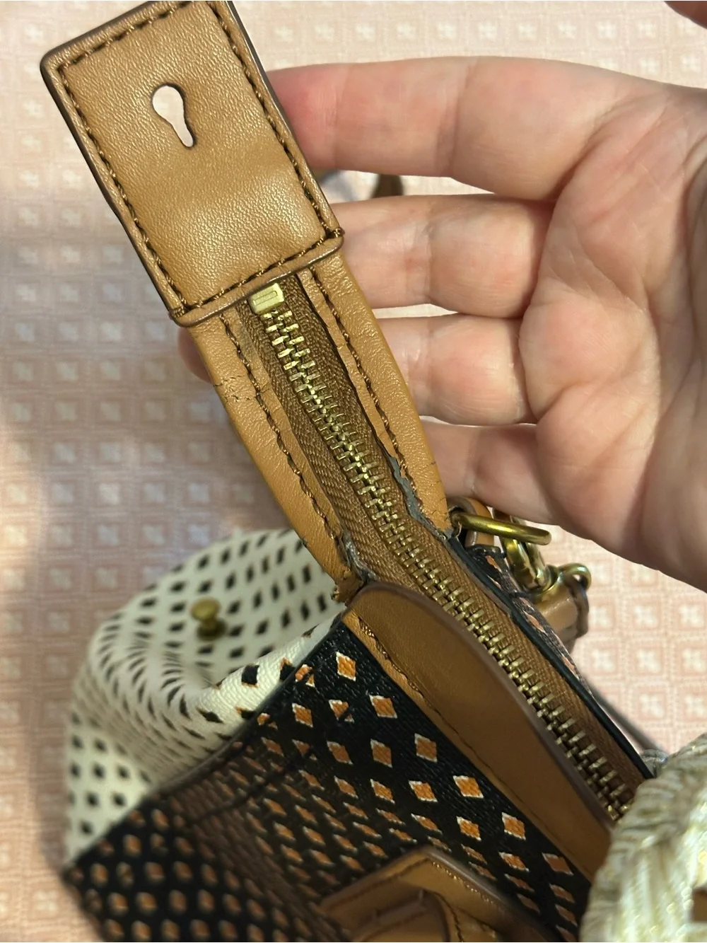 Fossil Black and Tan Patterned Satchel with White Sides